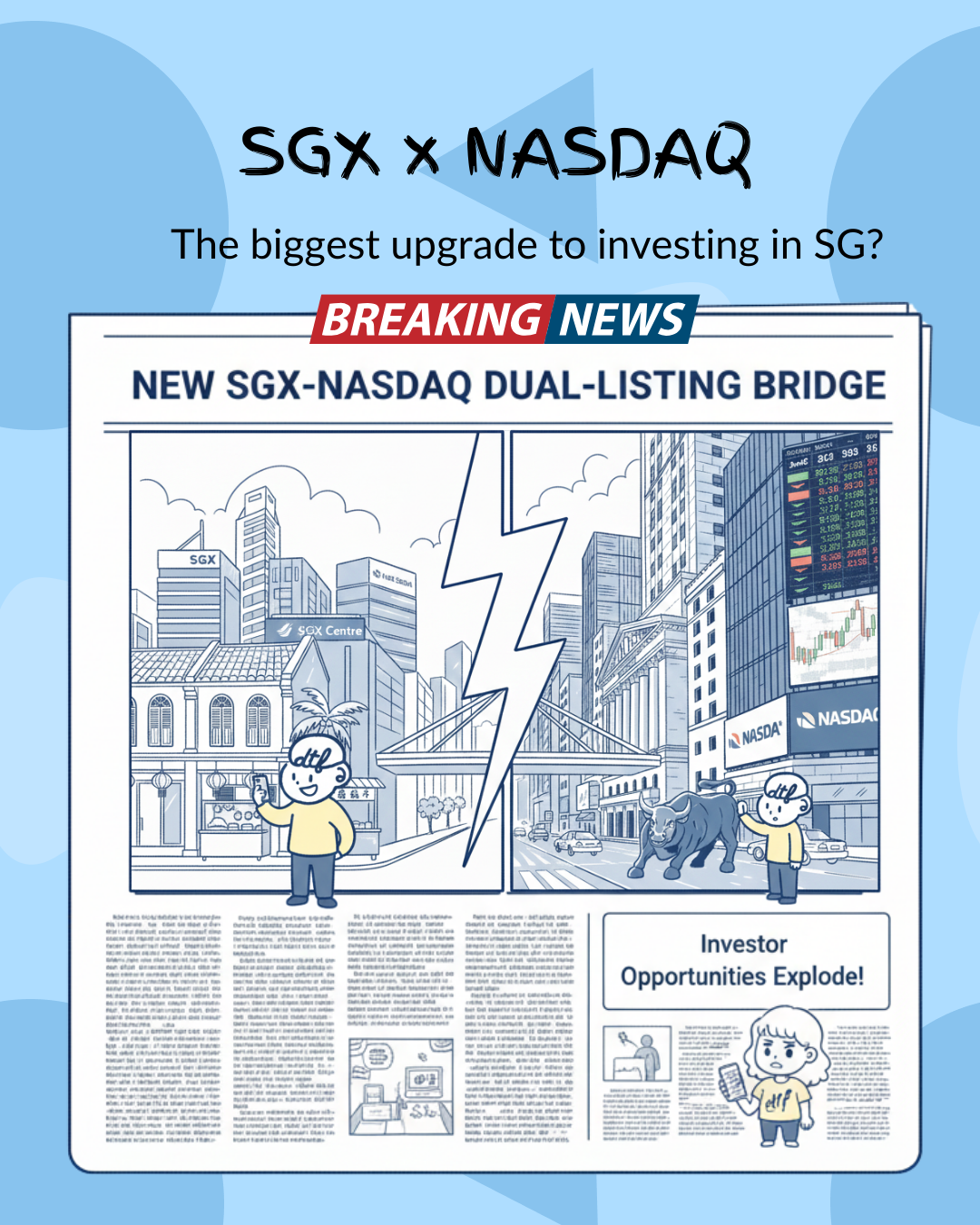 Singapore Exchange building and Nasdaq trading floor showcasing the new dual listing partnership